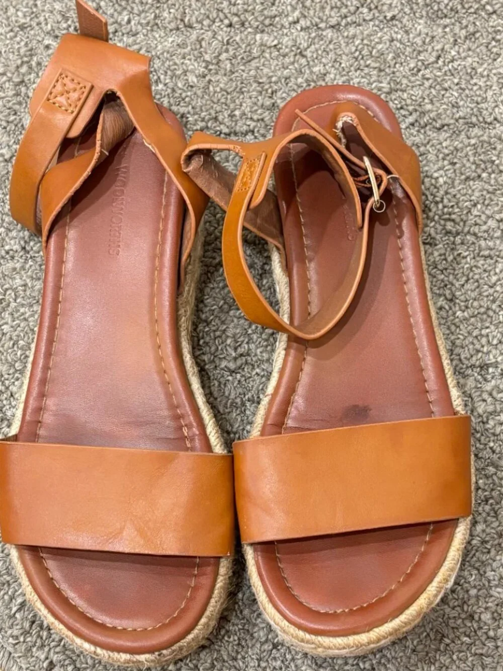 Woolworths Cognac Leather Ankle Strap Espadrille Platform Wedge Sandals